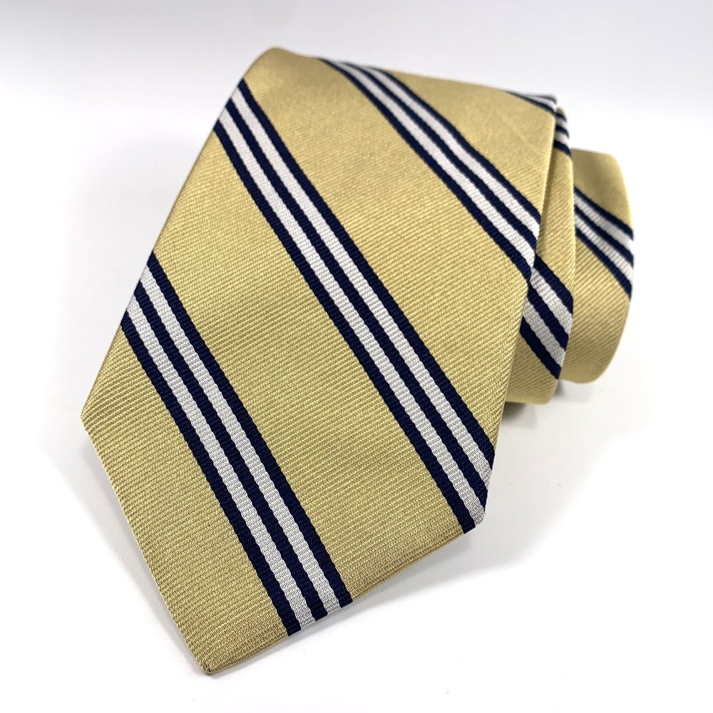 Brooks Brothers 346 Mens Tie Gold with White & Blue Diagonal Stripes Silk Repp